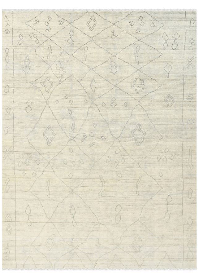 Beige area rug with geometric pattern on a white background
