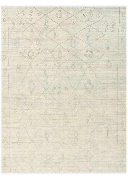 Beige area rug with geometric pattern on a white background