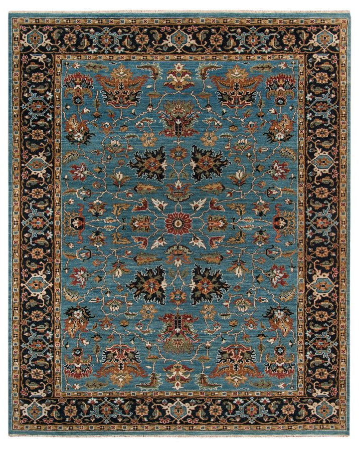 Decorative rug with intricate patterns on a blue background