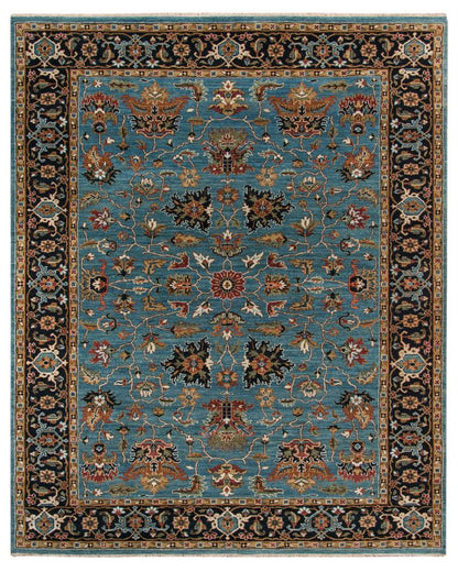 Decorative rug with intricate patterns on a blue background