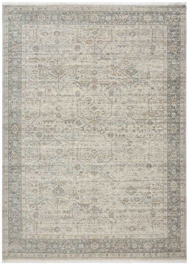 Patterned rug with a neutral color palette on a white background