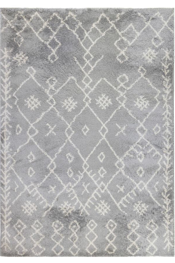 Gray area rug with geometric pattern on a white background