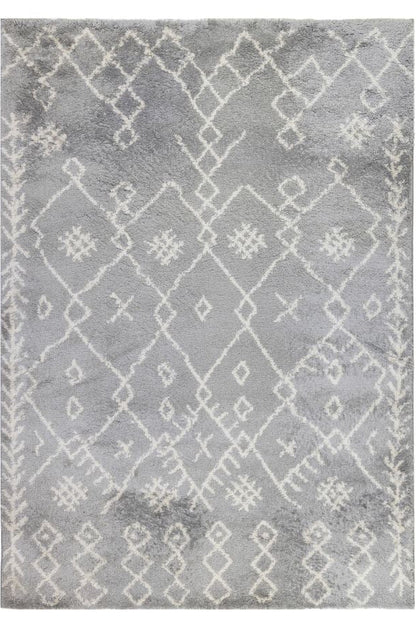 Gray area rug with geometric pattern on a white background