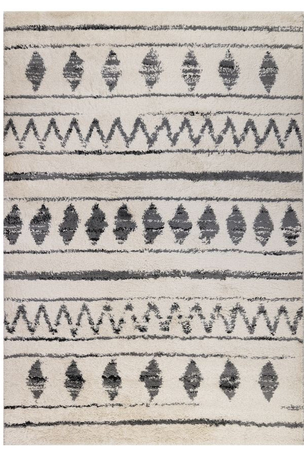Rug with black geometric pattern on a white background