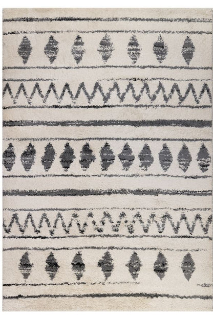 Rug with black geometric pattern on a white background
