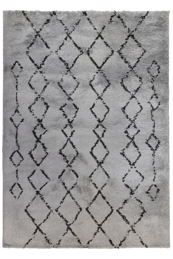 Gray area rug with black geometric pattern on a white background