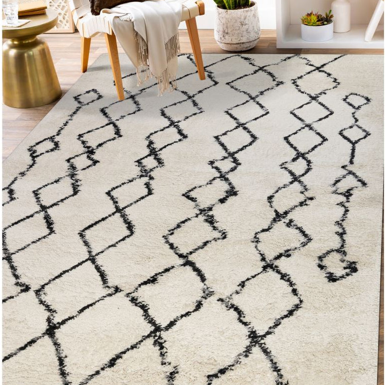 Patterned rug in a living room setting with furniture and decor.