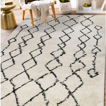 Patterned rug in a living room setting with furniture and decor.