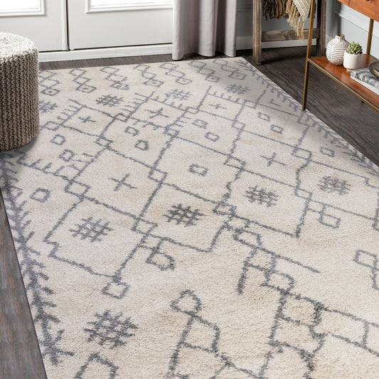 Patterned area rug on a wooden floor with a neutral color scheme