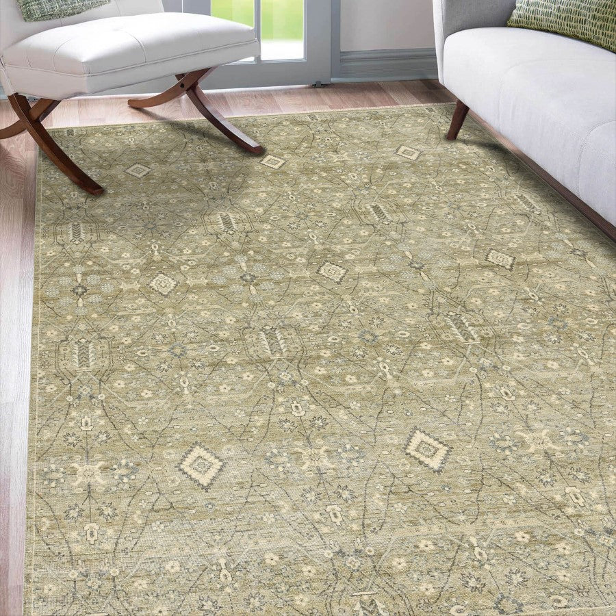 Patterned green rug in a room with chairs and a window.
