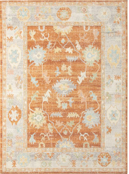 Decorative rug with floral and geometric patterns on a white background