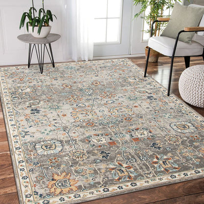 Decorative area rug with floral pattern in a living room setting