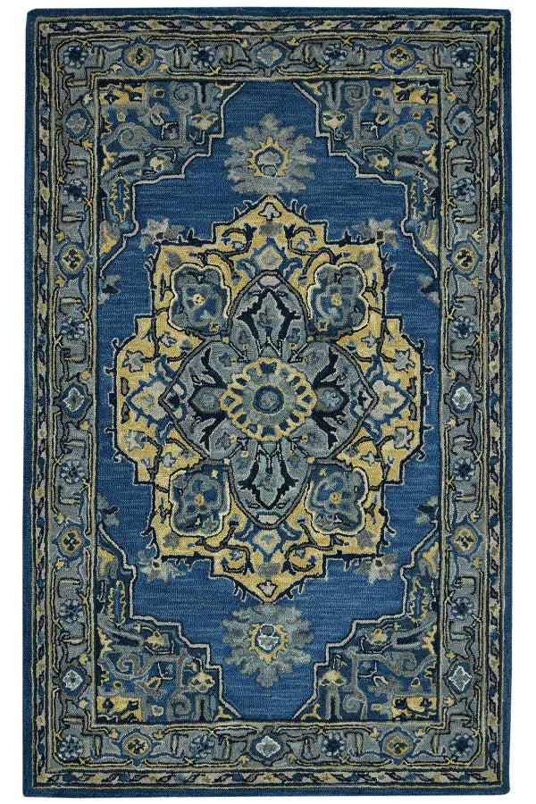 Decorative blue and yellow patterned rug on a white background