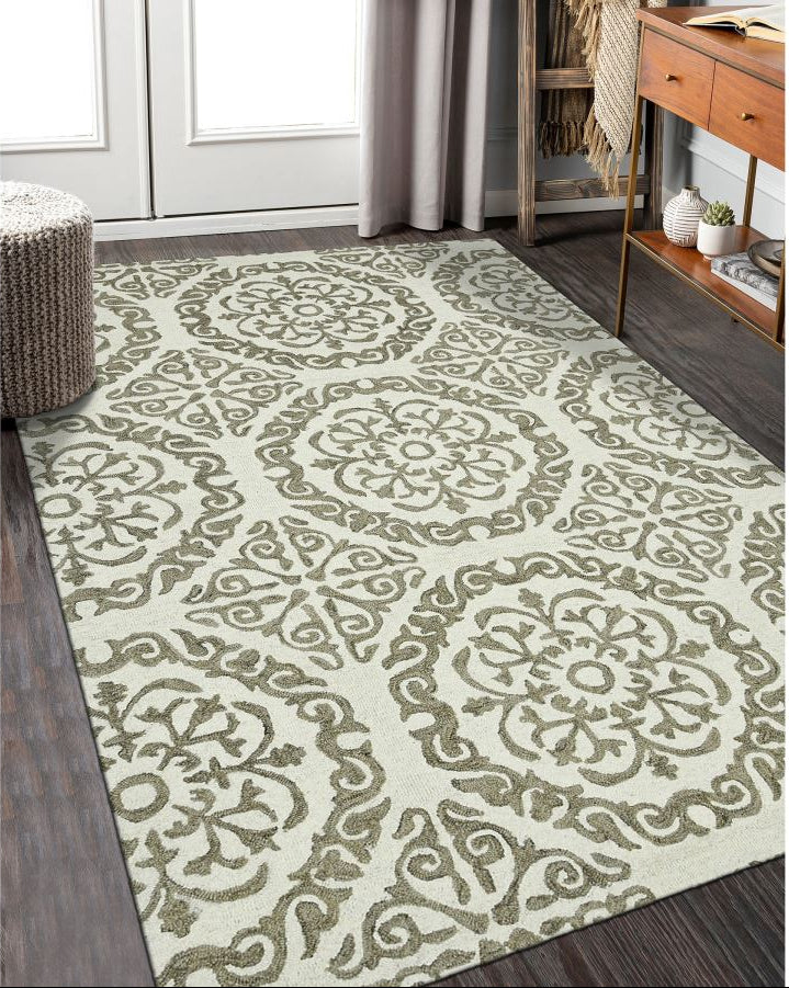 Decorative rug with intricate patterns on a wooden floor