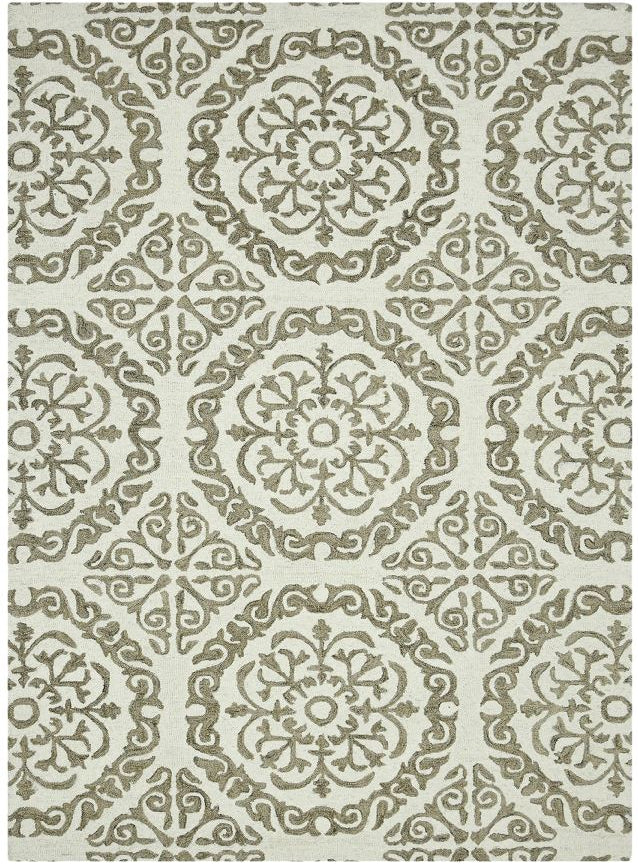 Patterned rug with geometric design on a plain background