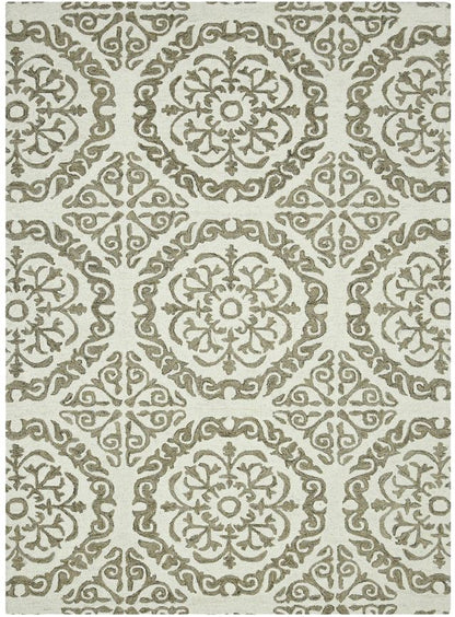 Patterned rug with geometric design on a plain background