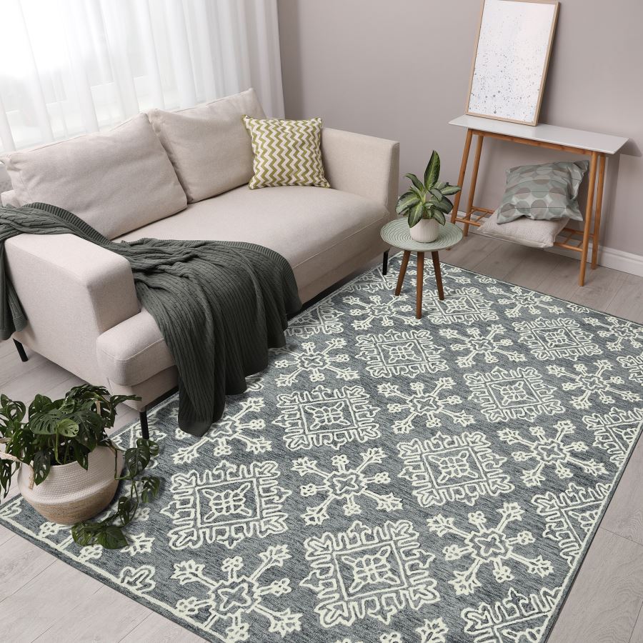 Living room with a patterned rug, sofa, and decorative items.