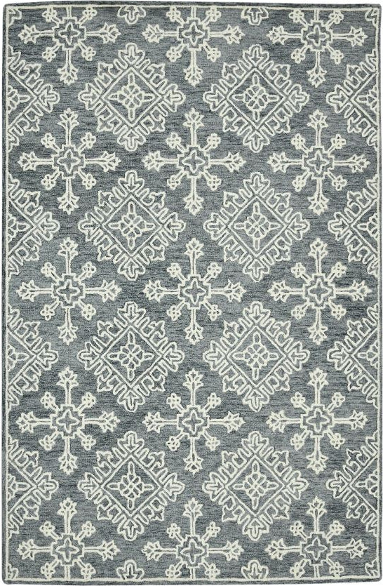 Gray area rug with white geometric pattern on a white background