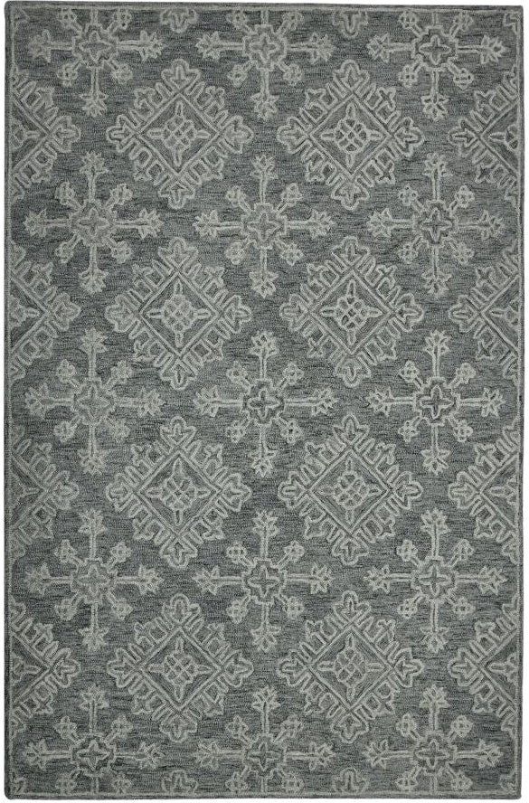 Gray area rug with geometric pattern on a white background