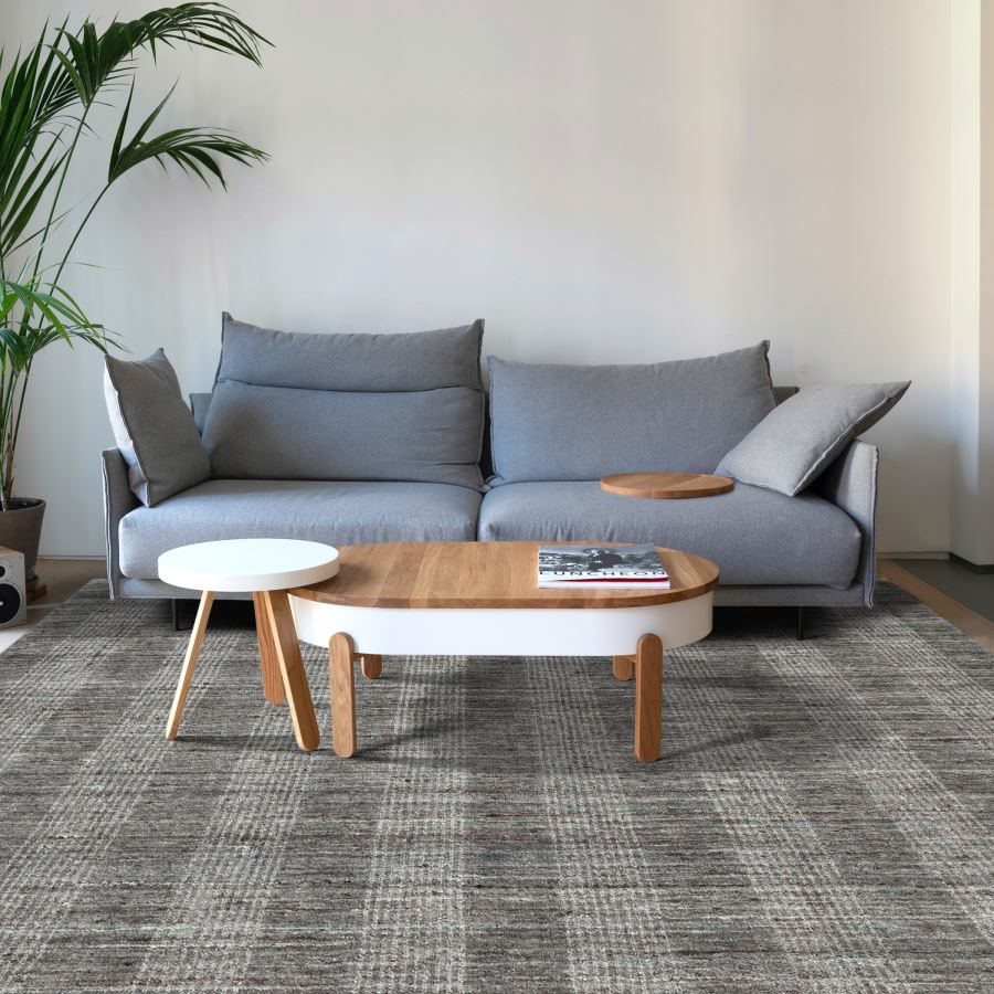Gray sofa with a wooden coffee table in a modern living room setting.