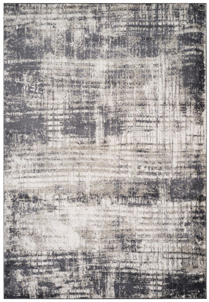 Abstract patterned rug with black, gray, and white colors on a white background