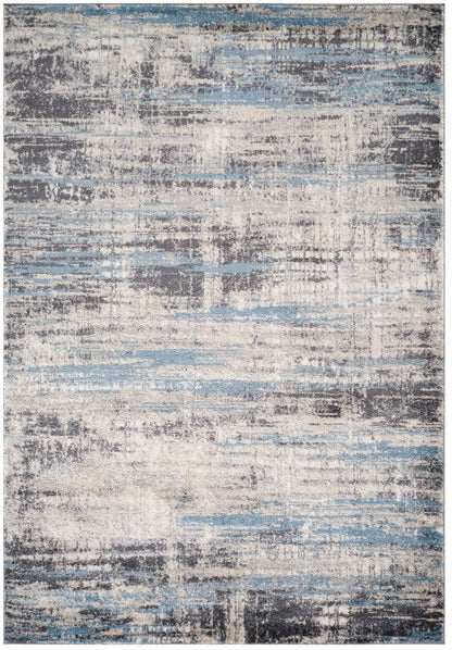 Abstract patterned rug with blue and gray tones on a white background