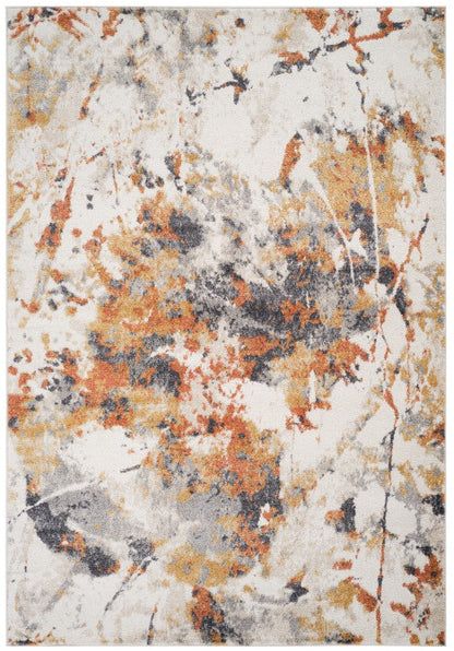 Abstract patterned rug with orange, gray, and beige colors on a white background
