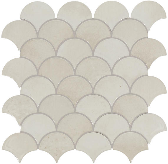 Beige fishscale mosaic tiles on a white background