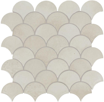 Beige fishscale mosaic tiles on a white background