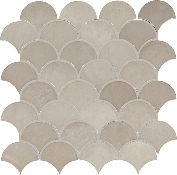 Beige fishscale mosaic tiles on a white background
