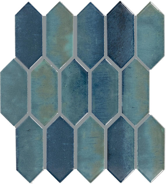 Hexagonal blue tiles with a mottled finish on a white background