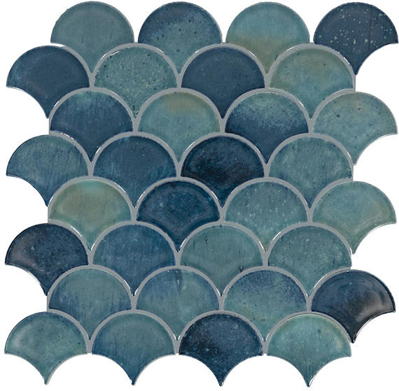 Pattern of blue and green fish-scale tiles on a white background