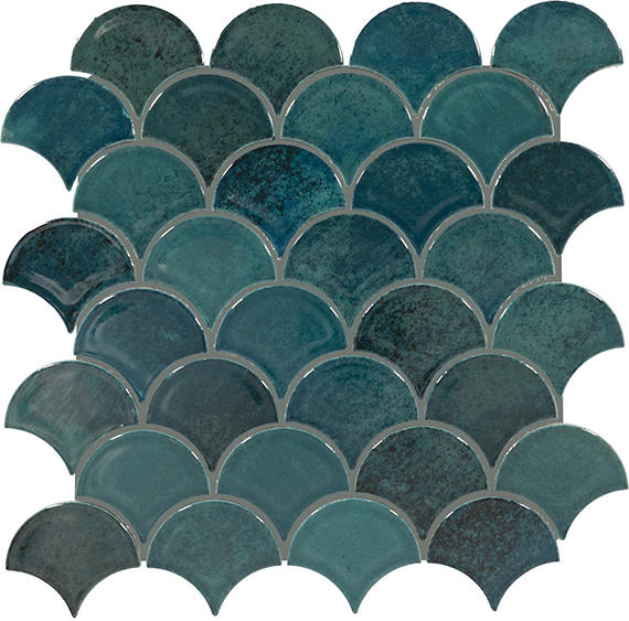 Teal fishscale mosaic tiles on a white background