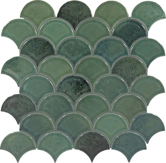 Green fishscale mosaic tiles on a white background