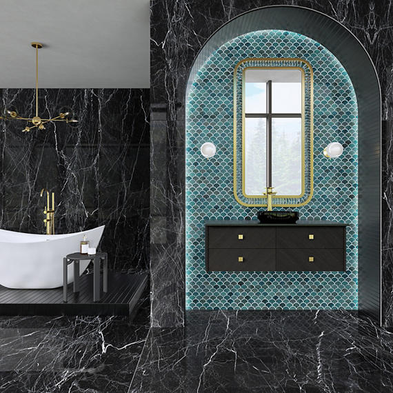 Modern bathroom with black marble walls, a freestanding bathtub, and a vanity with a decorative mirror.