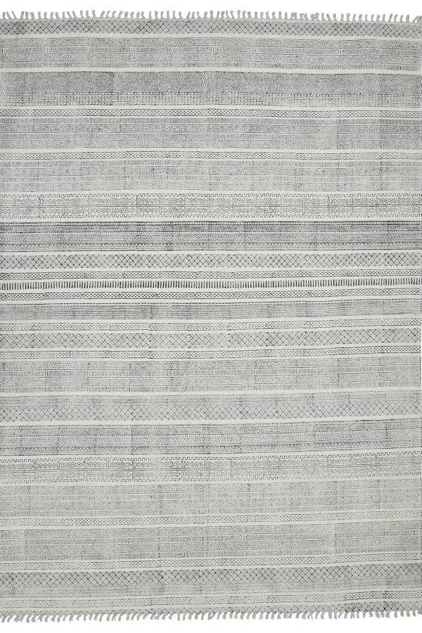 Gray area rug with striped pattern on a white background