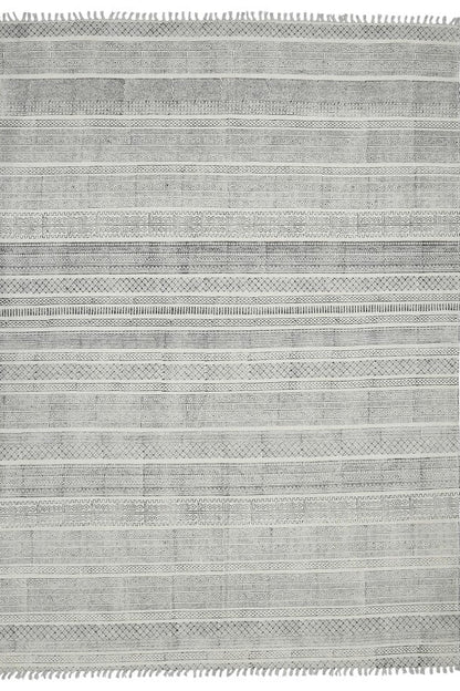 Gray area rug with striped pattern on a white background