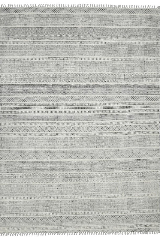 Gray area rug with striped pattern on a white background