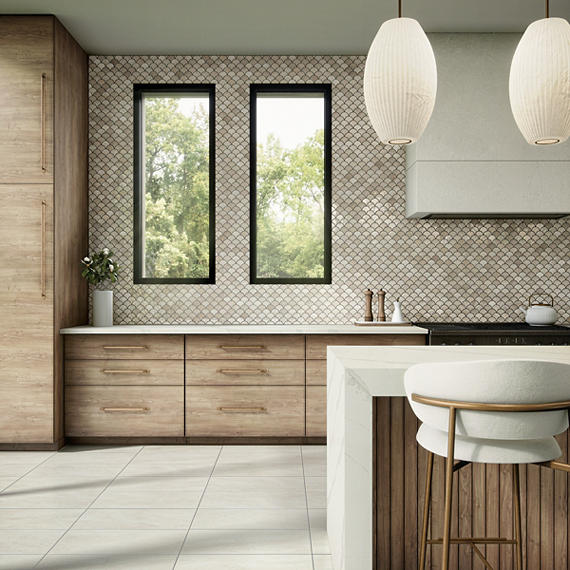 Modern kitchen with wooden cabinets, white countertops, and a mosaic tile backsplash.