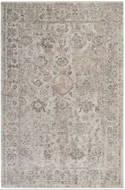 Patterned rug with a neutral color palette on a white background