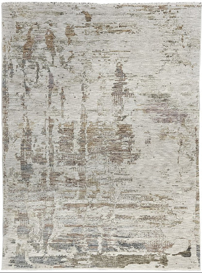 Textured area rug with abstract pattern on a white background