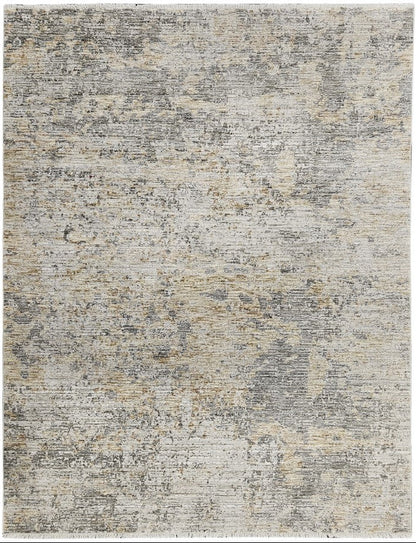 Textured area rug with a mix of gray, beige, and brown colors on a white background