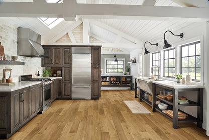 Modern kitchen with stainless steel appliances, wooden floors, and large windows.