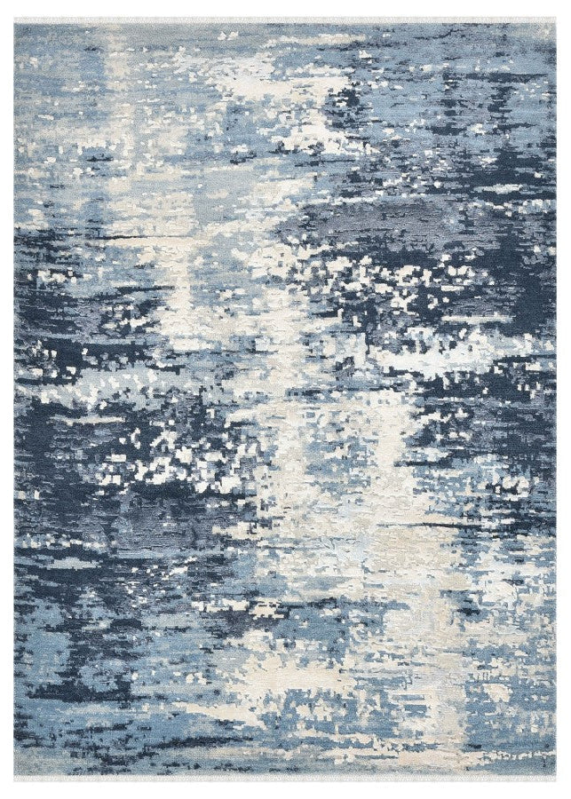 Abstract patterned rug with blue and white colors on a plain background