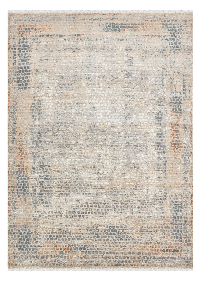Textured area rug with a neutral color palette on a white background