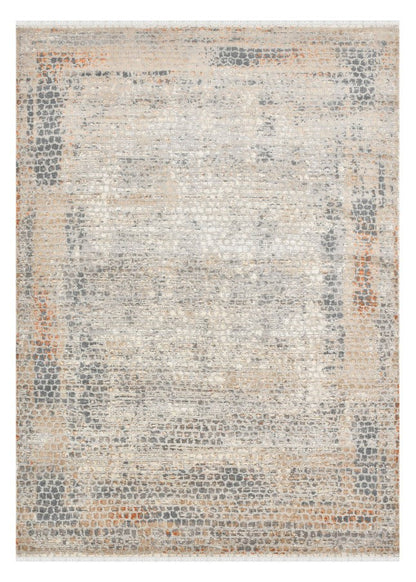 Textured area rug with a neutral color palette on a white background