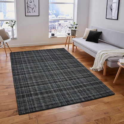 Living room with a dark gray plaid rug, sofa, and decor elements.