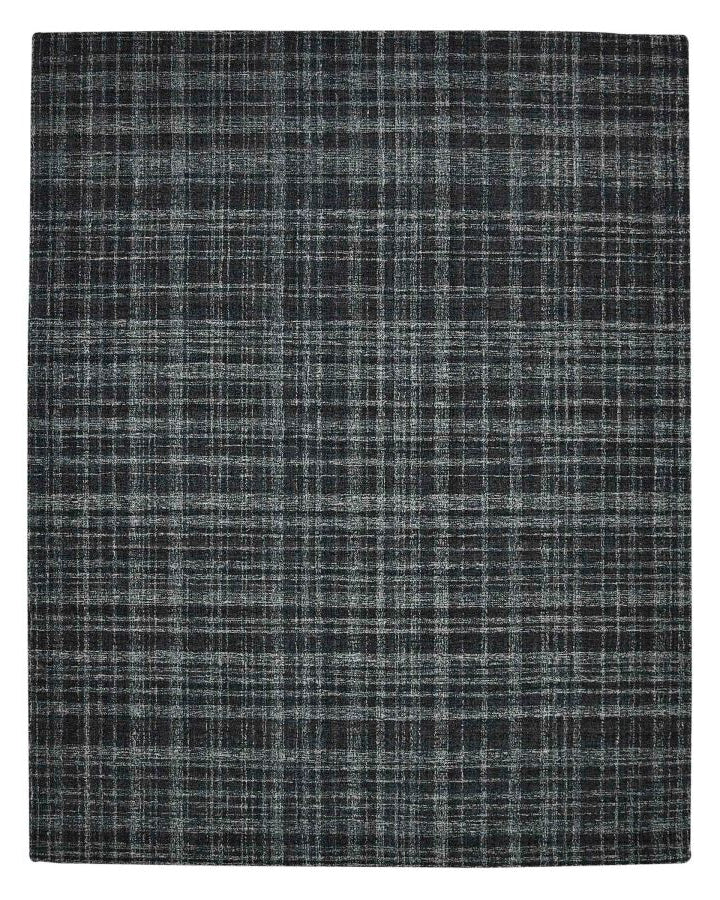 Plaid patterned rug with dark and light gray colors on a white background