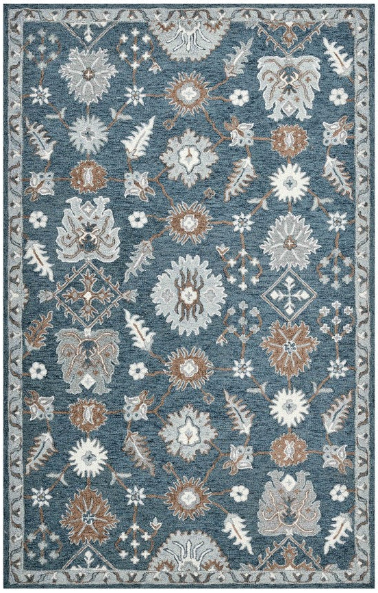 Floral patterned rug with blue background on a white background