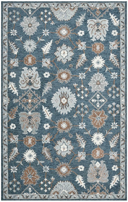 Floral patterned rug with blue background on a white background